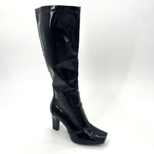 Franco Sarto Knee High Boots Womens 6.5M Black Patent Leather Pull On Block Heel